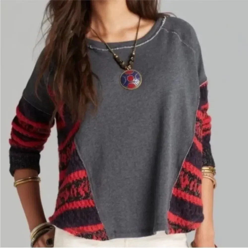 Free People Sinner Sweater Knit Sleeve Gray Sweatshirt S